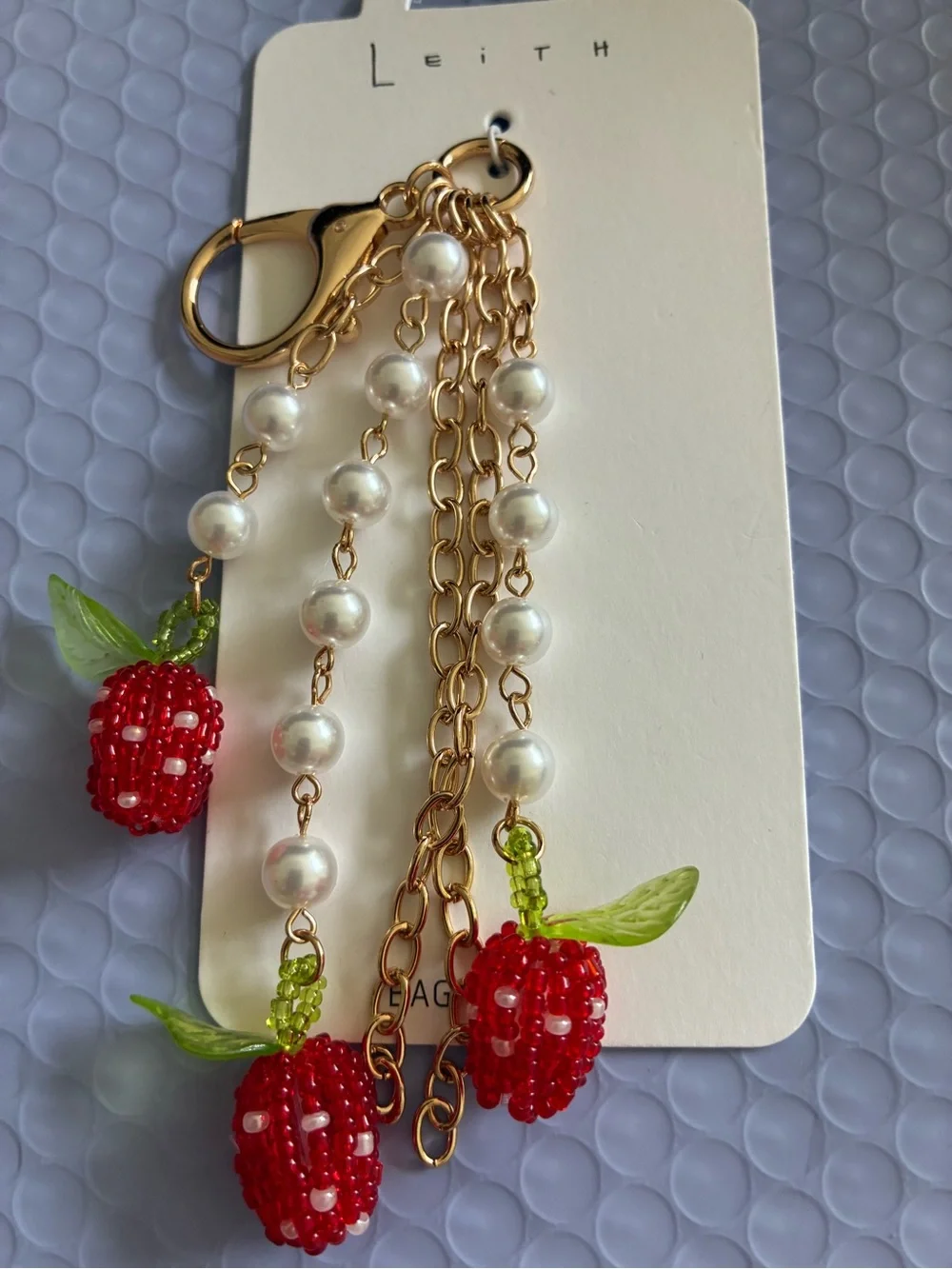 Leith Red Beaded Strawberry Charm Keychain for bags or keys .